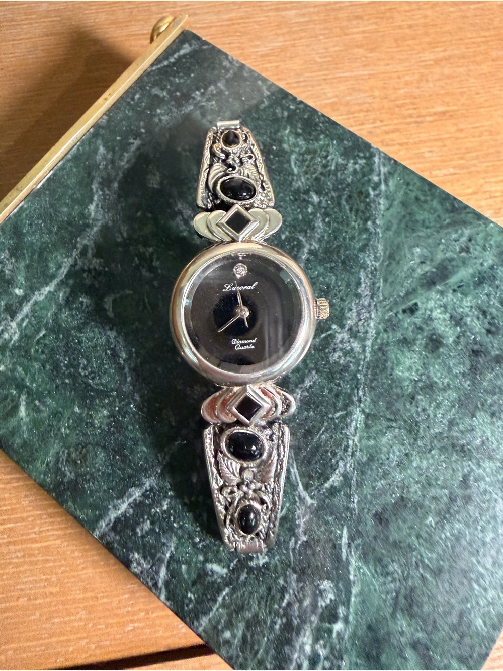 Vintage Lucoral Diamond Quartz Navajo Watch Black Onyx Stones